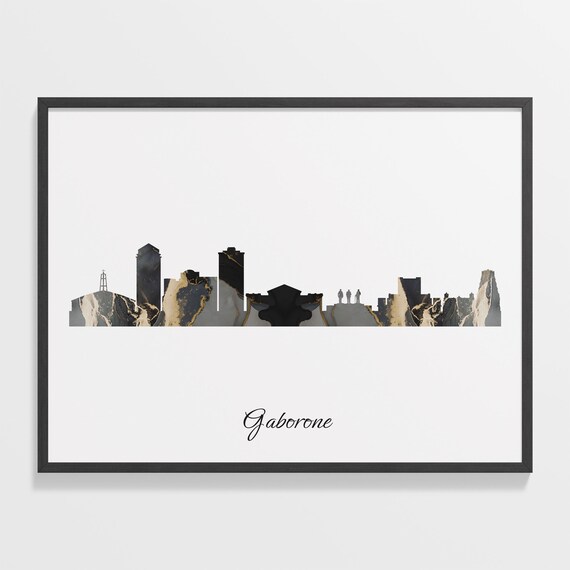 Gaborone Botswana Marble Skyline Black Gold Minimalist Cityscape Poster