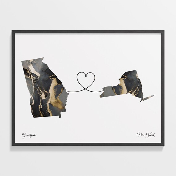 Georgia to New York Black Marble State Map Long Distance Love Poster