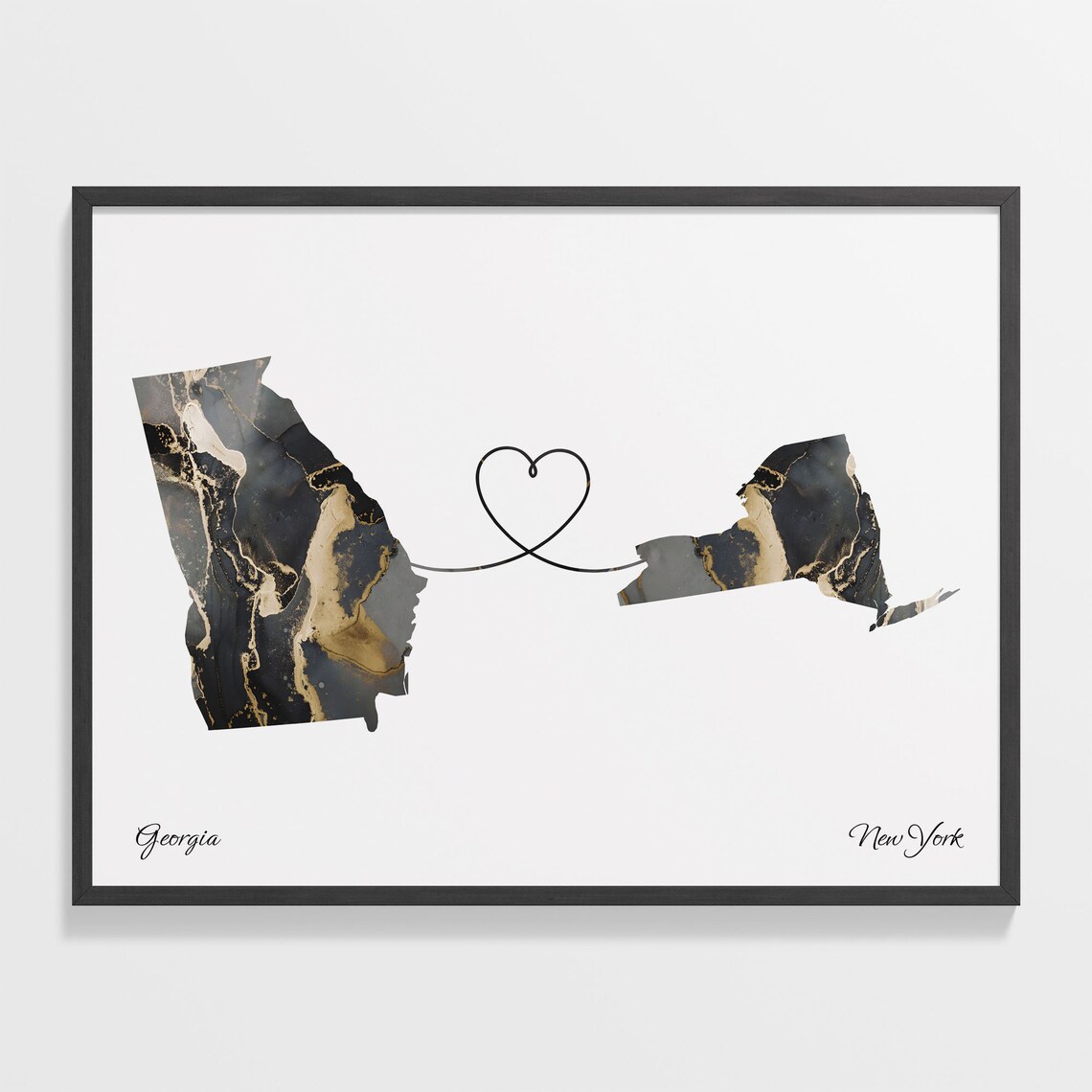 Georgia to New York Black Marble State Map Long Distance Love Poster