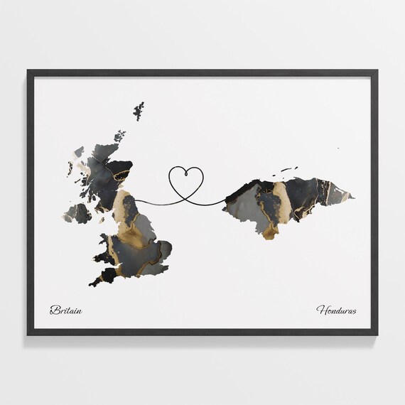 Britain to Honduras Heart Connected Long Distance Marble Map Poster
