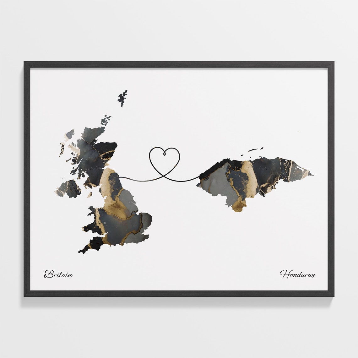 Britain to Honduras Heart Connected Long Distance Marble Map Poster