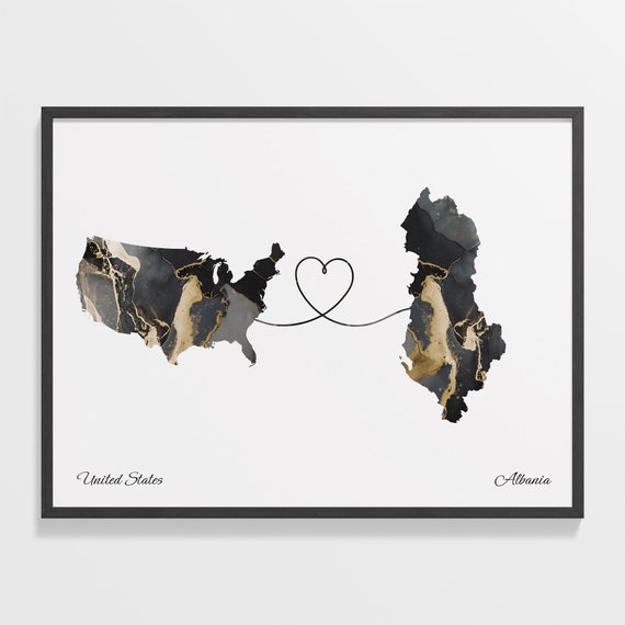 USA to Albania Map Poster, Faraway Love Travel Art
