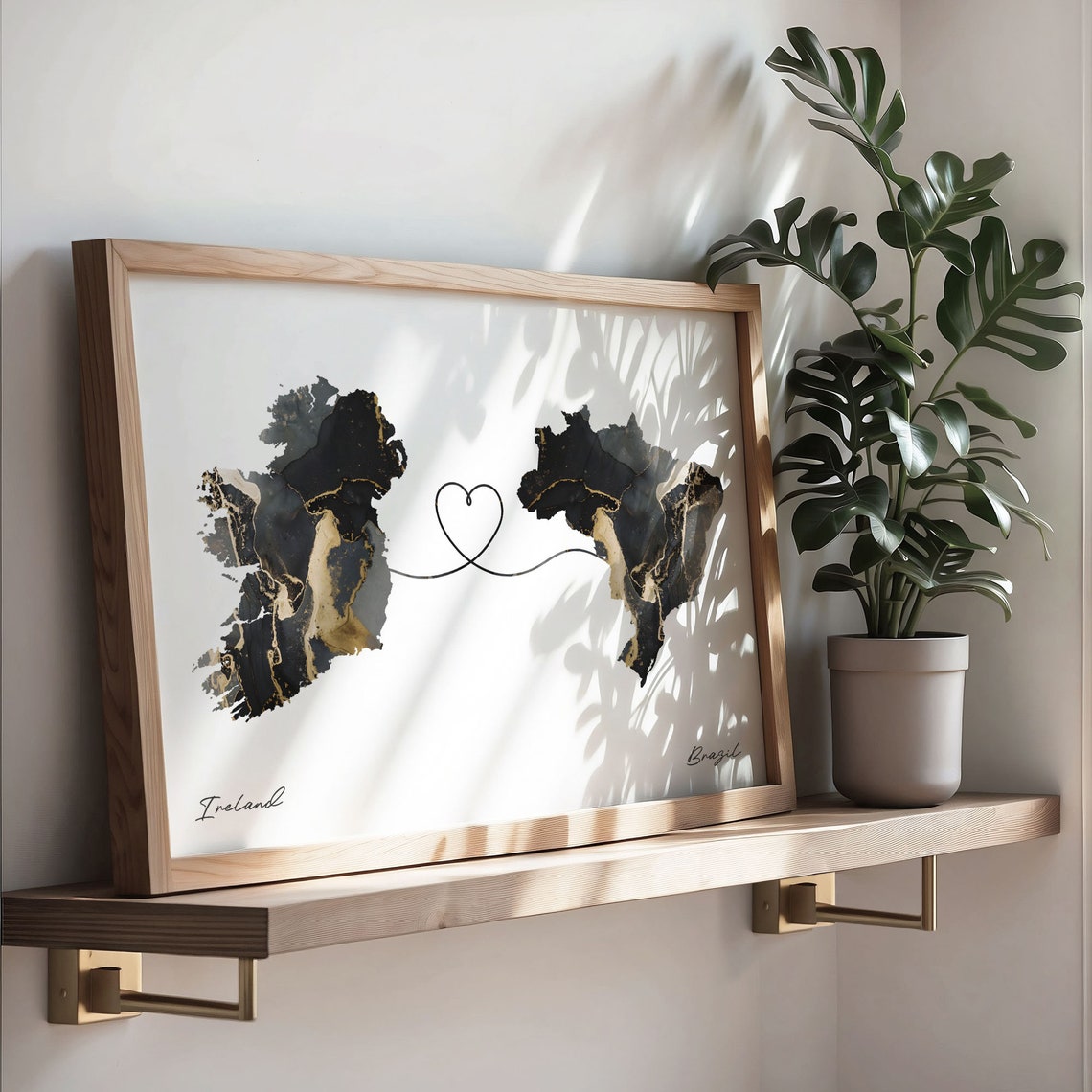 Ireland and Brazil Black Gold Marble Heart Connection Map Poster - Image 3