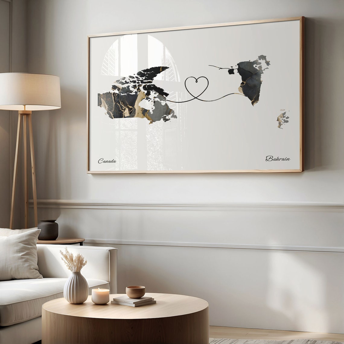 Canada to Bahrain Black and Gold Marble Two Country Map Poster - Image 2