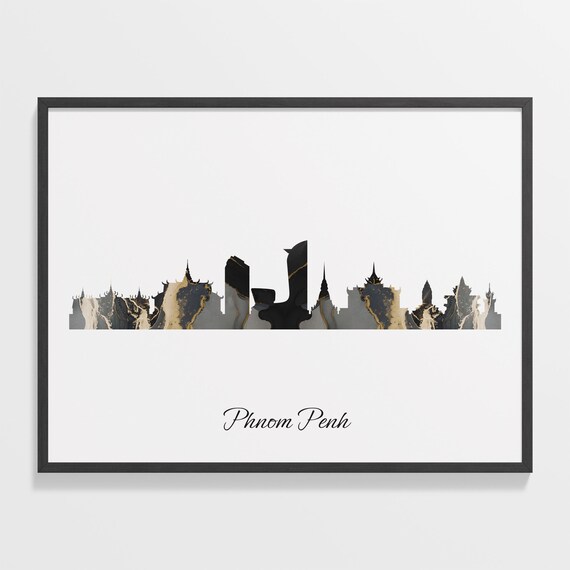 Phnom Penh Black Marble Skyline Silhouette Poster Modern Cityscape Art