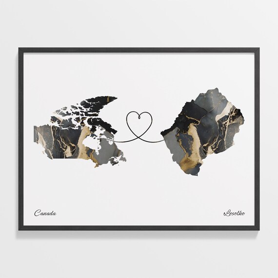 Canada Lesotho Black Gold Marble Map Art Heart Connection Poster