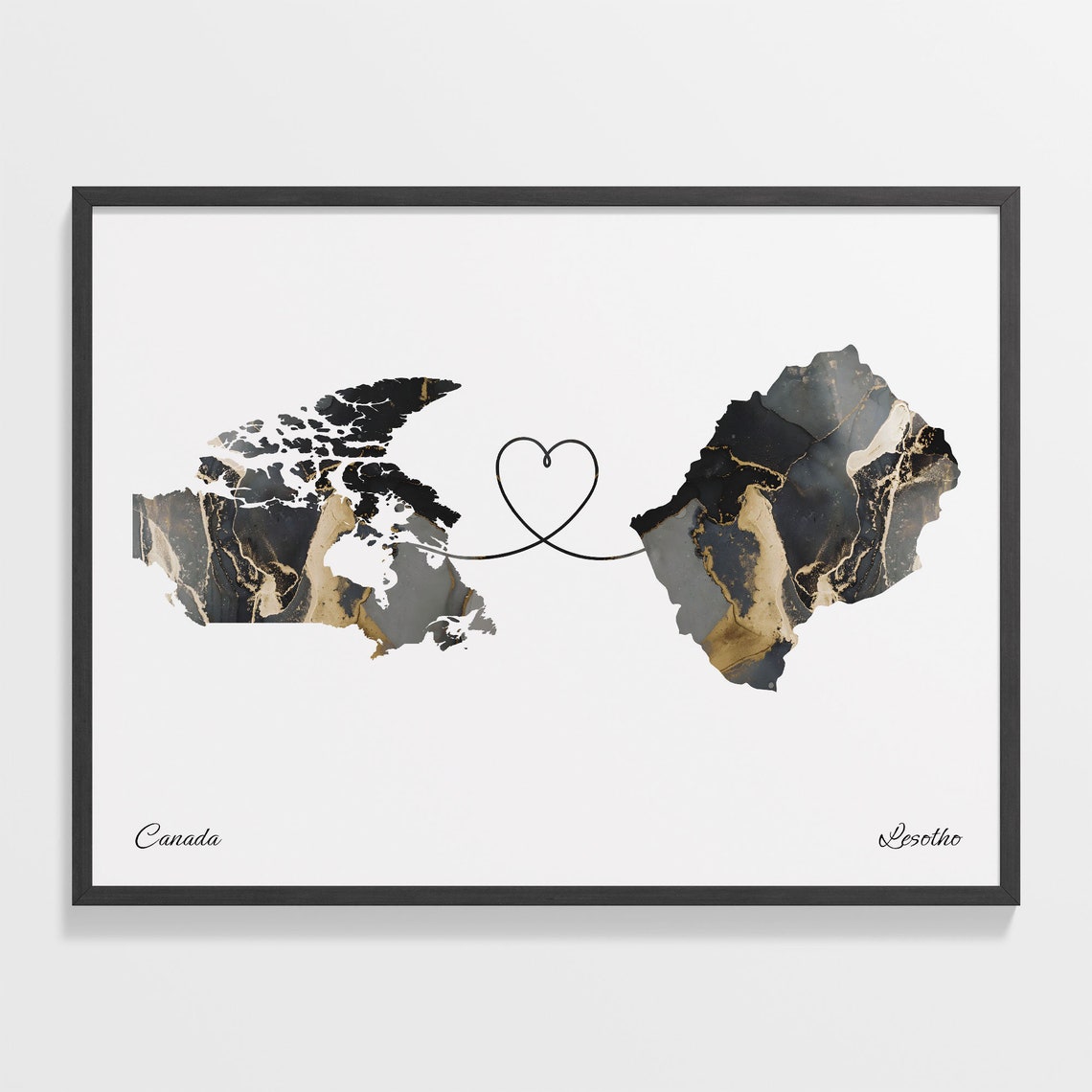 Canada Lesotho Black Gold Marble Map Art Heart Connection Poster