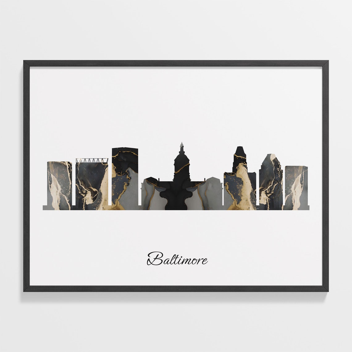 Baltimore Luxury Black Gold Marble City Skyline Silhouette Poster