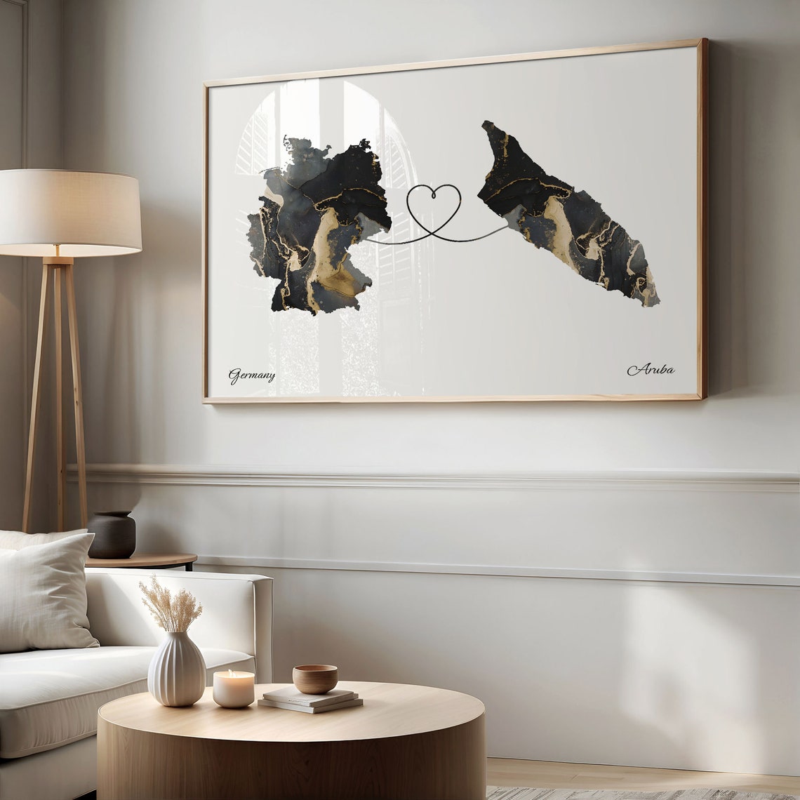 Germany and Aruba Marble Heart Connected Countries Map Poster - Image 2