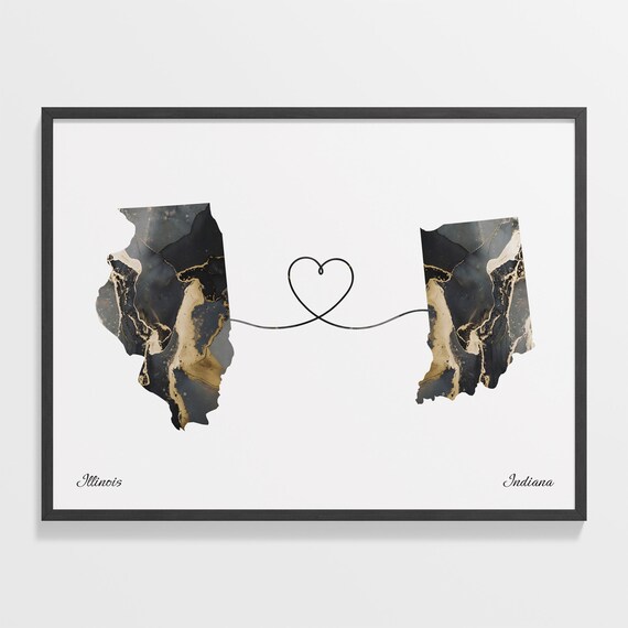 Illinois to Indiana Long Distance Love Marble Map Art Poster