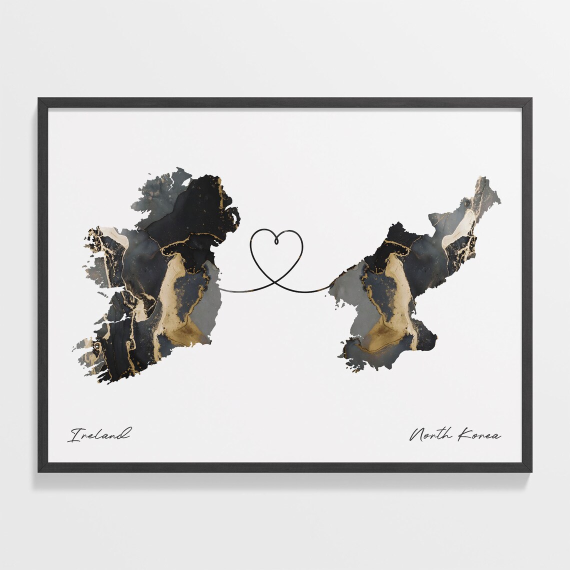 Ireland To North Korea Black Gold Marble Two Country Heart Map Poster