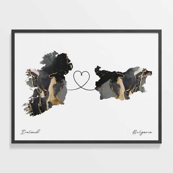Ireland To Bulgaria Heart Connected Black Marble Country Map Poster