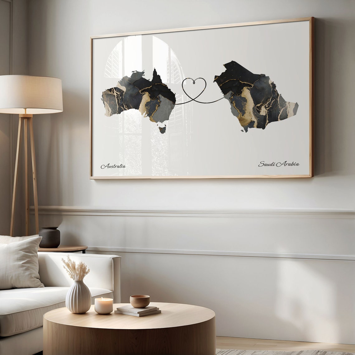 Australia Saudi Arabia Long Distance Love Heart Marble Map Gift Poster - Image 2