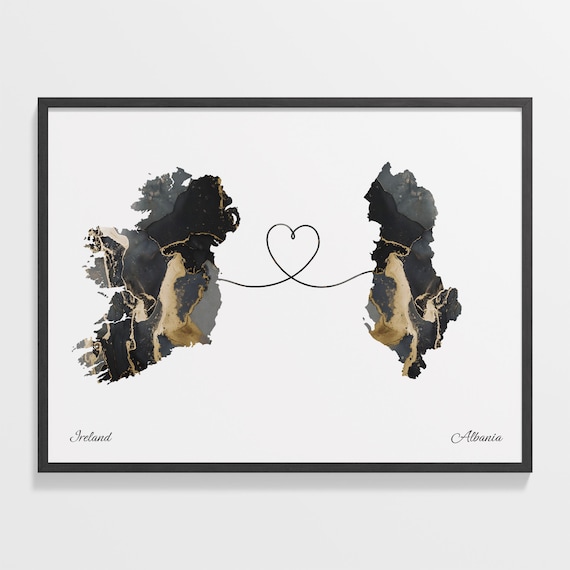 Ireland Albania Long Distance Love Heart Marble Map Gift Poster