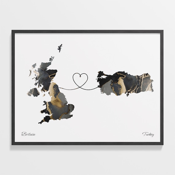 Britain and Turkey Black Gold Marble Two Country Love Map Poster