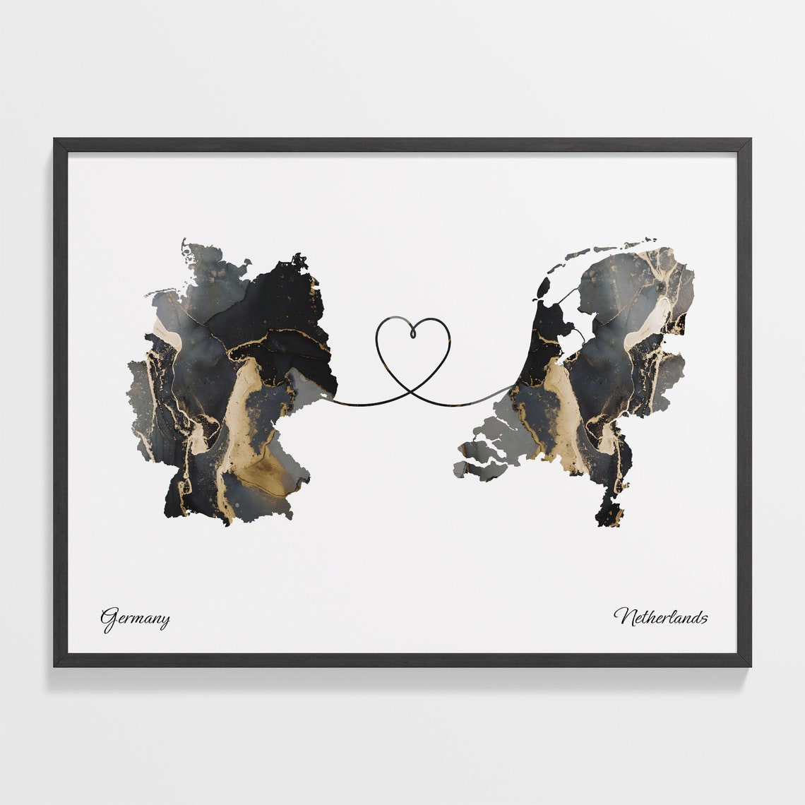 Germany Netherlands Heart Marble Map Couple Long Distance Poster