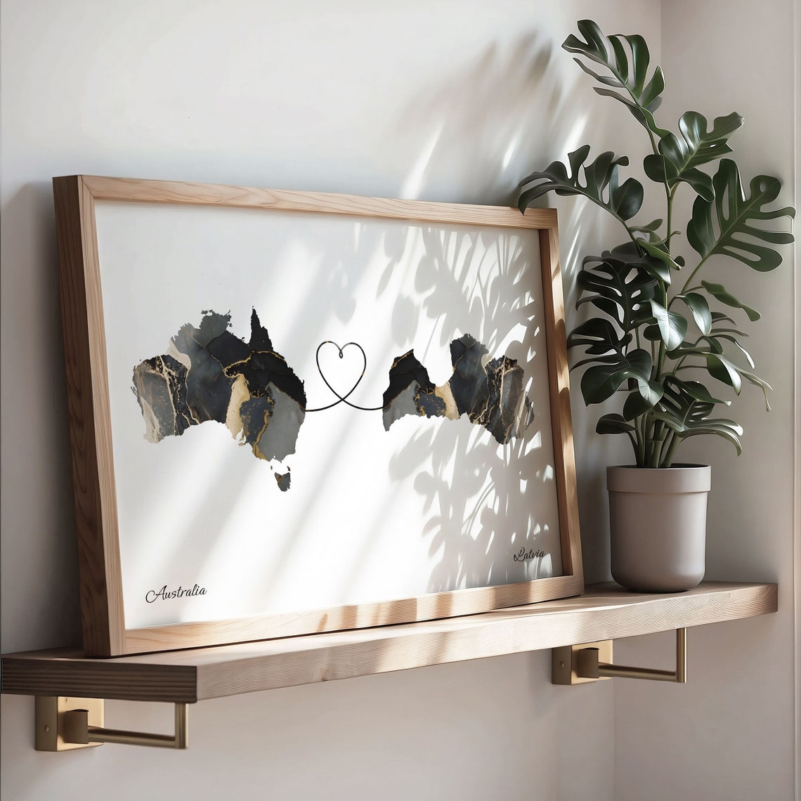 Australia and Latvia Two Countries Black Gold Marble Map Poster - Image 3