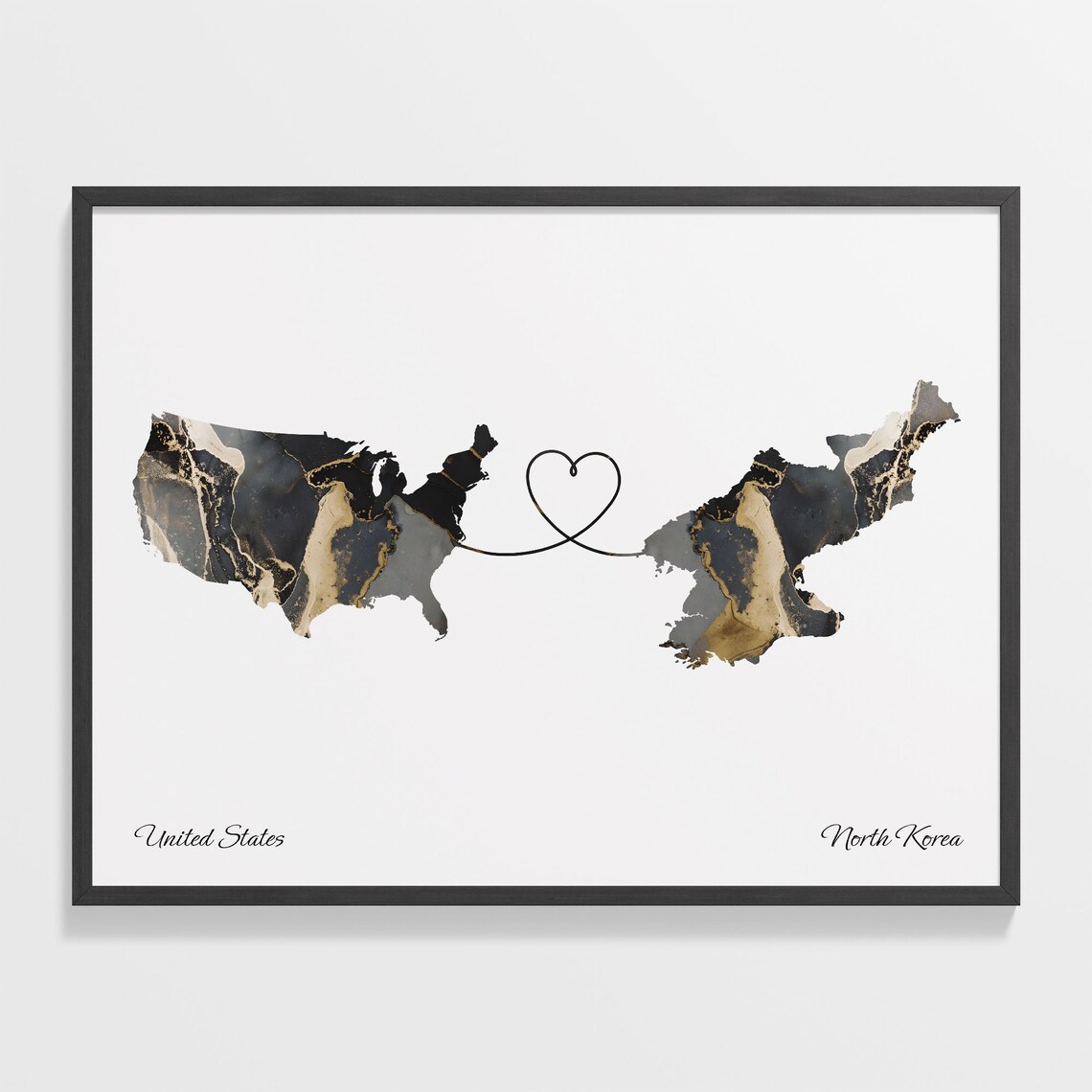 United States North Korea Heart Marble Map Long Distance Poster