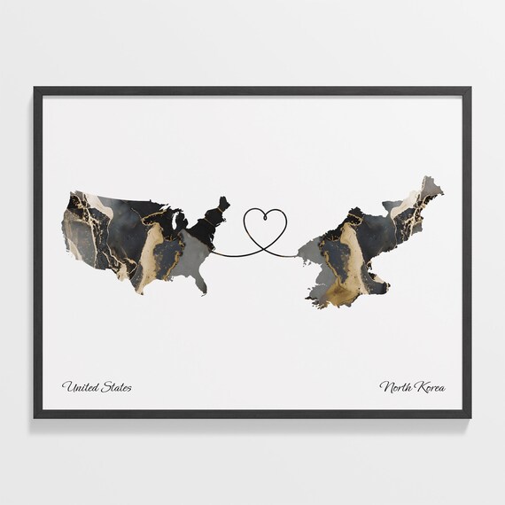 United States North Korea Heart Marble Map Long Distance Poster