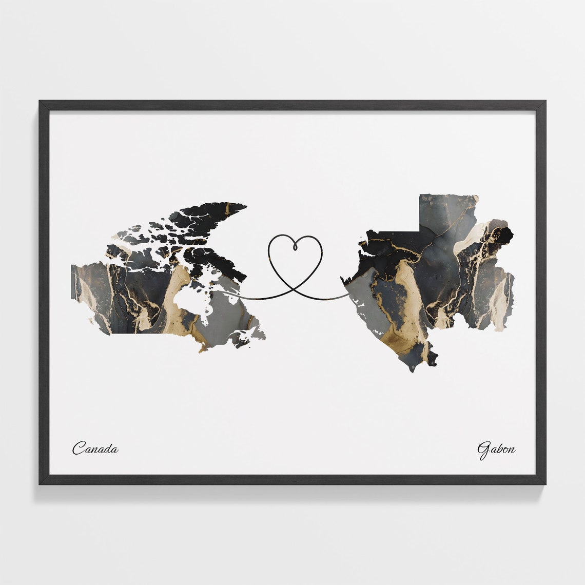 Canada and Gabon Heart Connected Two Countries Marble Map Poster