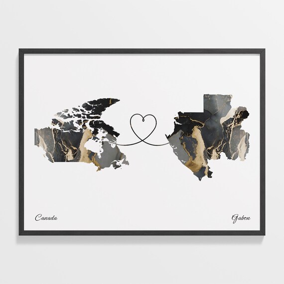 Canada and Gabon Heart Connected Two Countries Marble Map Poster