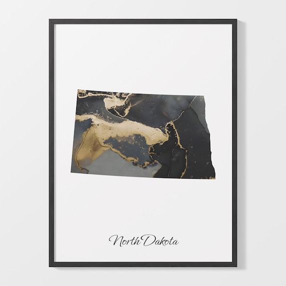 North Dakota Black and Gold Marble Silhouette State Map Poster