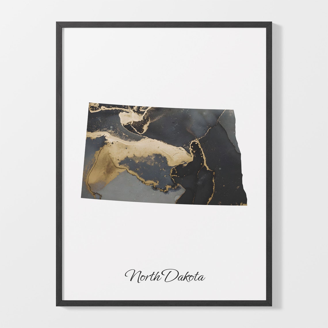 North Dakota Black and Gold Marble Silhouette State Map Poster