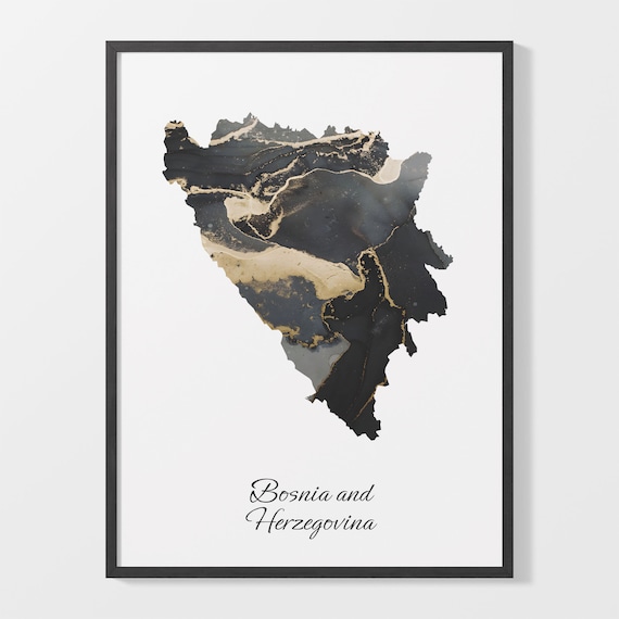 Bosnia And Herzegovina Marble Country Map Poster Black Gold Decor