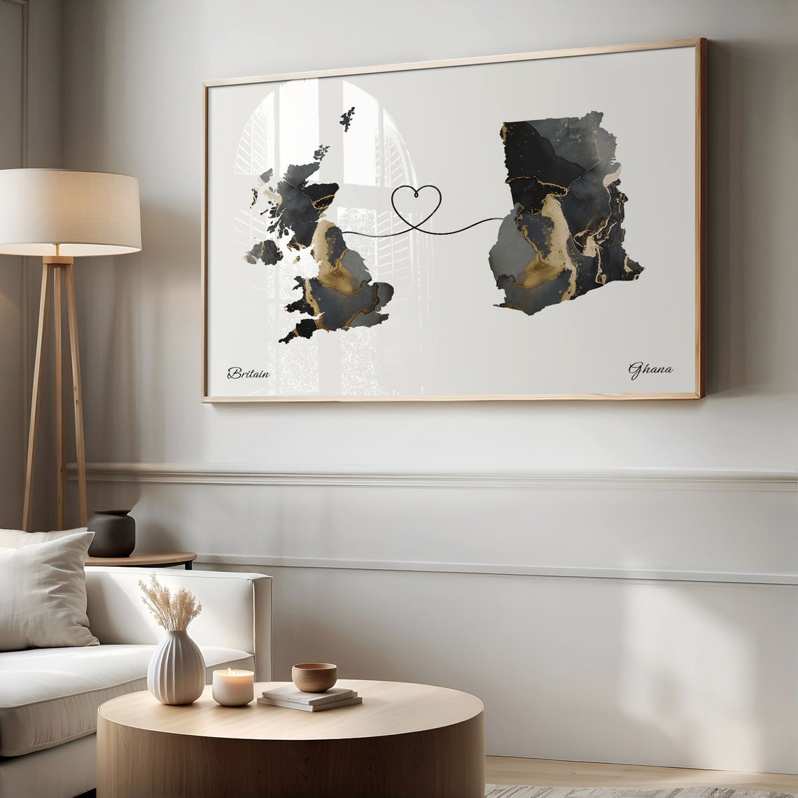Britain to Ghana Marble Map with Heart Long Distance Love Poster - Image 2
