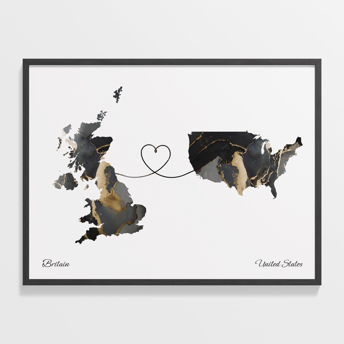 Britain and United States Heart Connection Black and Gold Marble Poster