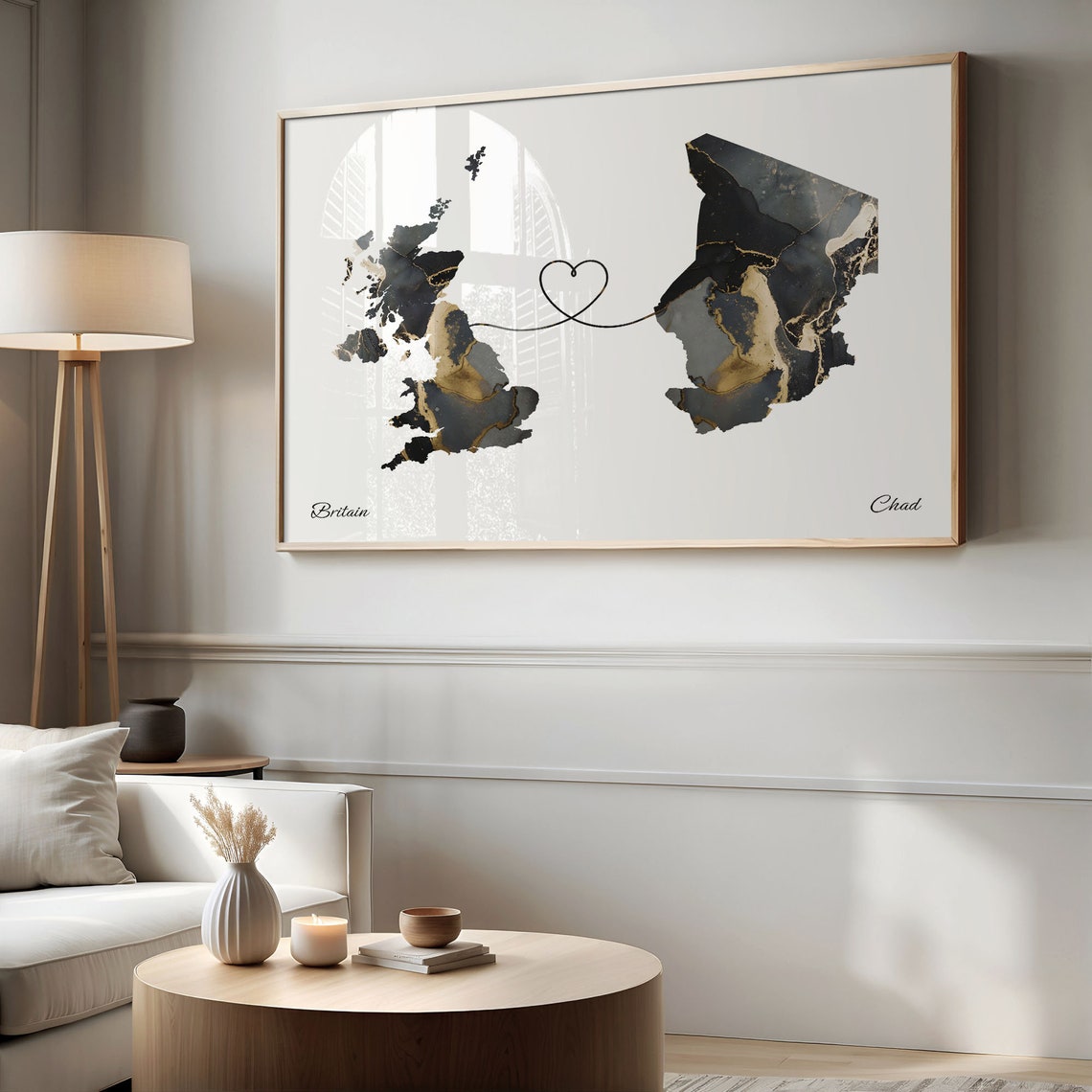 Britain to Chad Heart Connected Long Distance Marble Map Poster - Image 2
