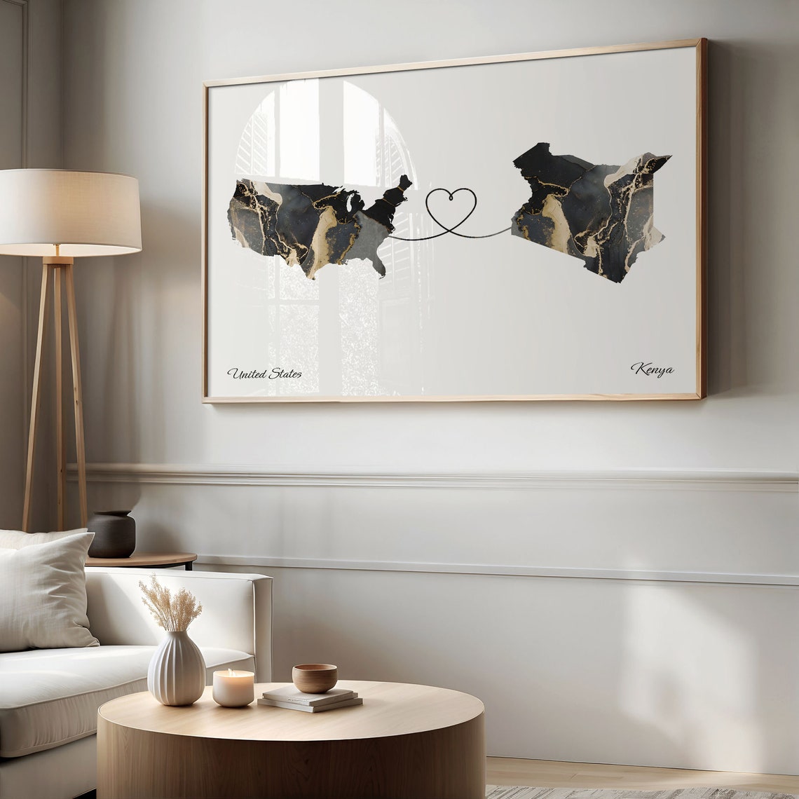 United States To Kenya Long Distance Marble Map Heart Print Love Art - Image 2