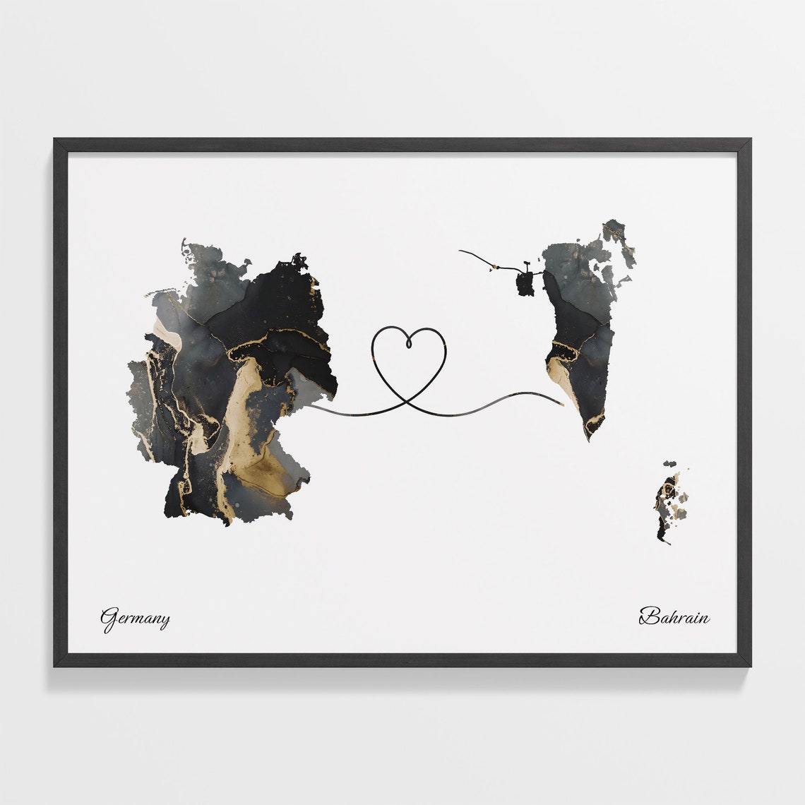 Germany and Bahrain Marble Heart Connected Countries Map Poster