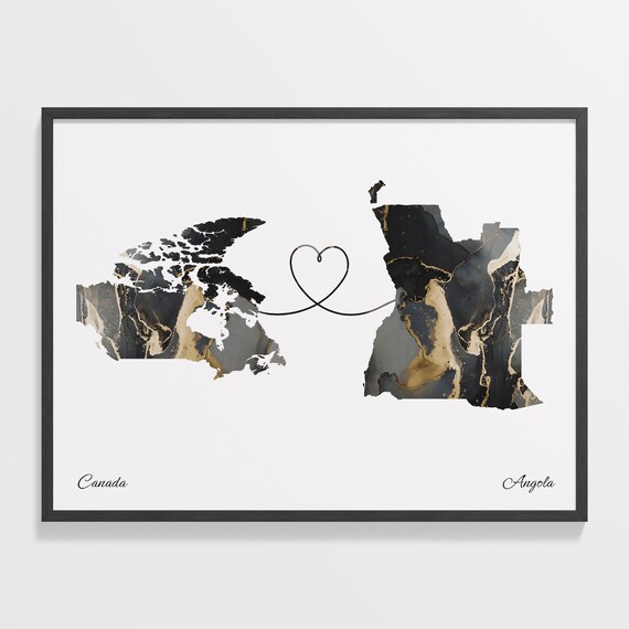 Canada To Angola Black Gold Marble Long Distance Heart Map Poster