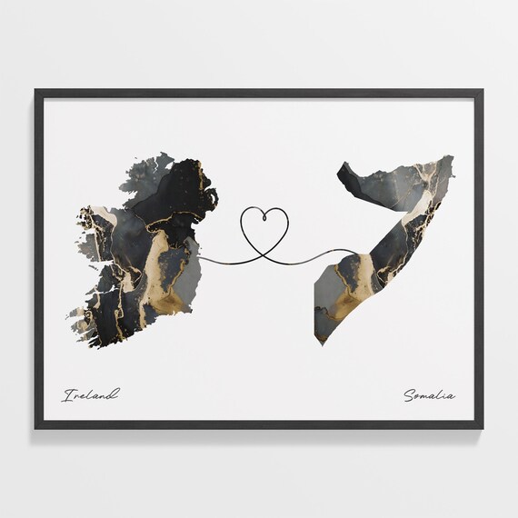 Ireland and Somalia Black and Gold Marble Two Countries Map Poster