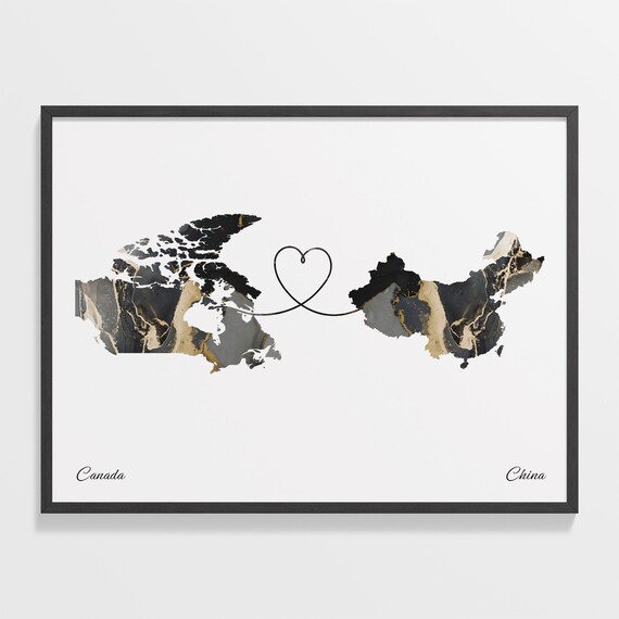 Canada China Marble Map Heart Long Distance Love Gift Poster