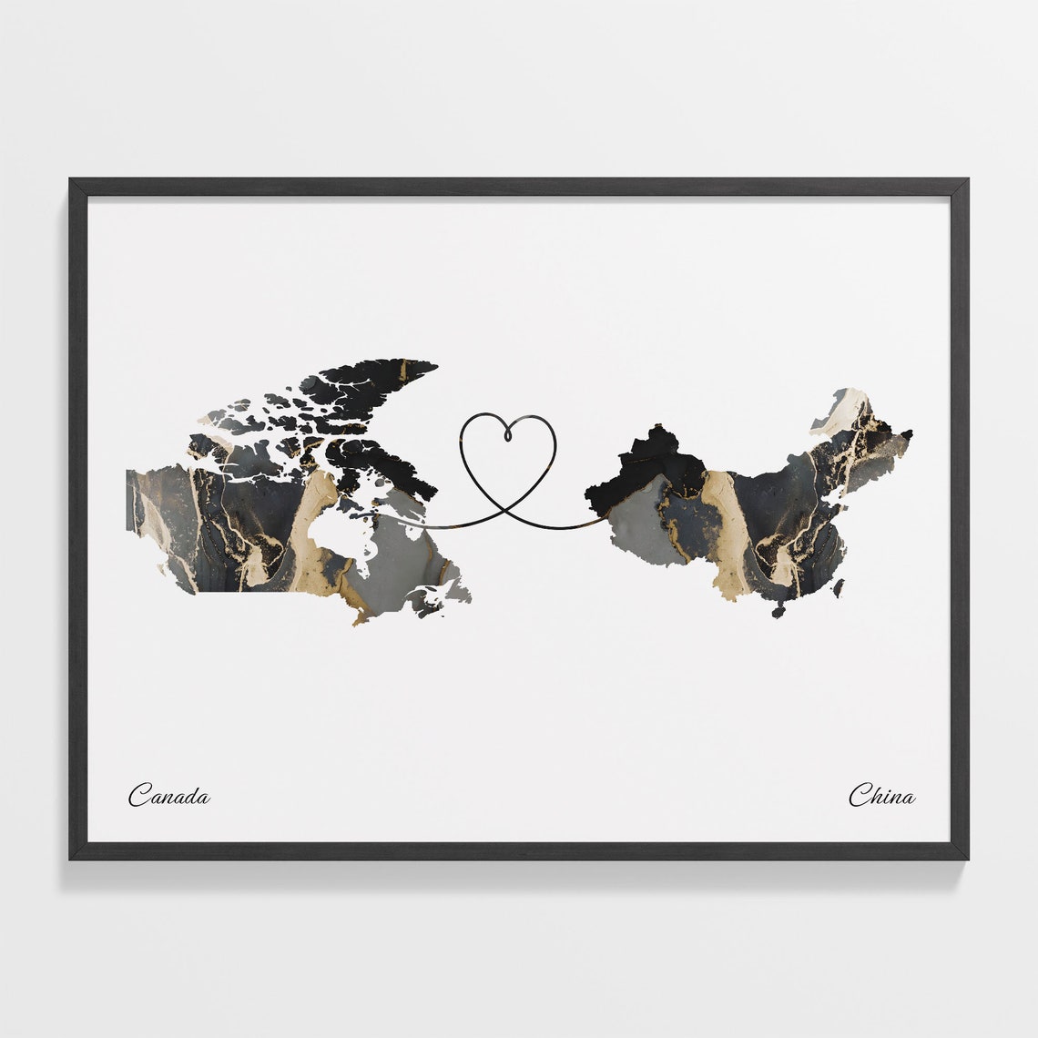 Canada China Marble Map Heart Long Distance Love Gift Poster