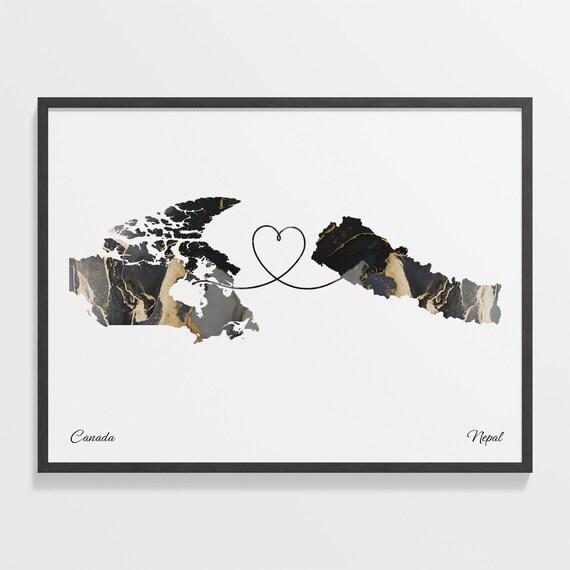 Canada and Nepal Heart Connected Two Countries Marble Map Poster