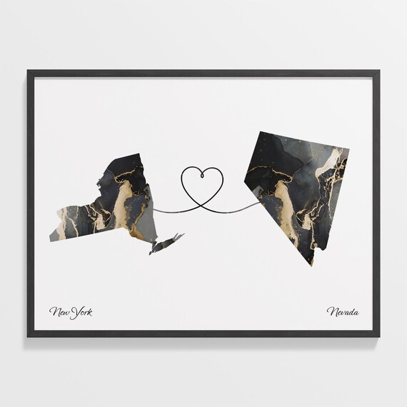 New York to Nevada Heart Connection Modern Marble Map Poster