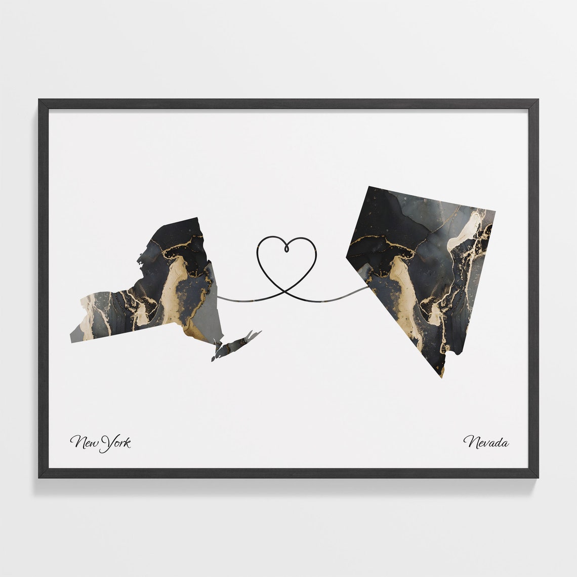 New York to Nevada Heart Connection Modern Marble Map Poster