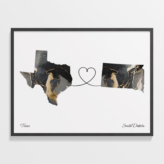 Texas and South Dakota Black Gold Marble Map Heart Connection Poster