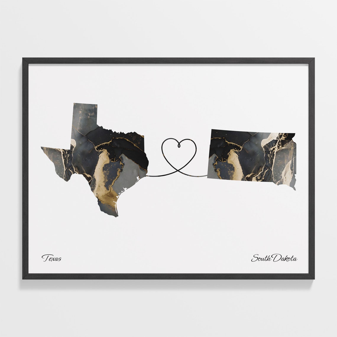Texas and South Dakota Black Gold Marble Map Heart Connection Poster