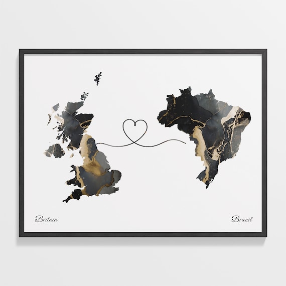 Britain to Brazil Two Country Long Distance Heart Marble Map Poster