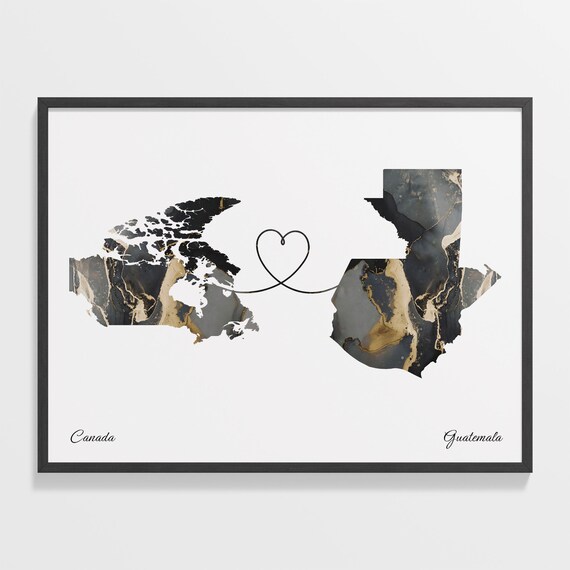Canada and Guatemala Black Marble Heart Connection Map Poster