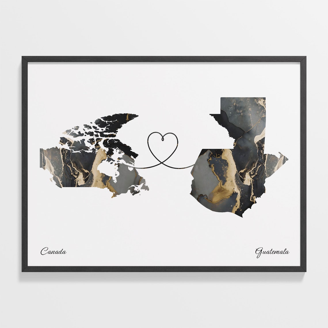 Canada and Guatemala Black Marble Heart Connection Map Poster