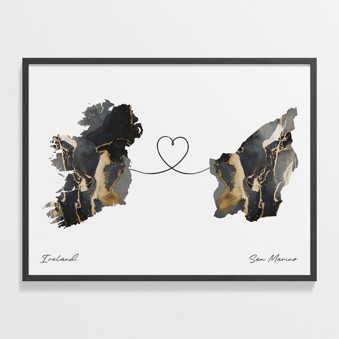 Ireland To San Marino Elegant Black Marble Two Country Heart Map Poster