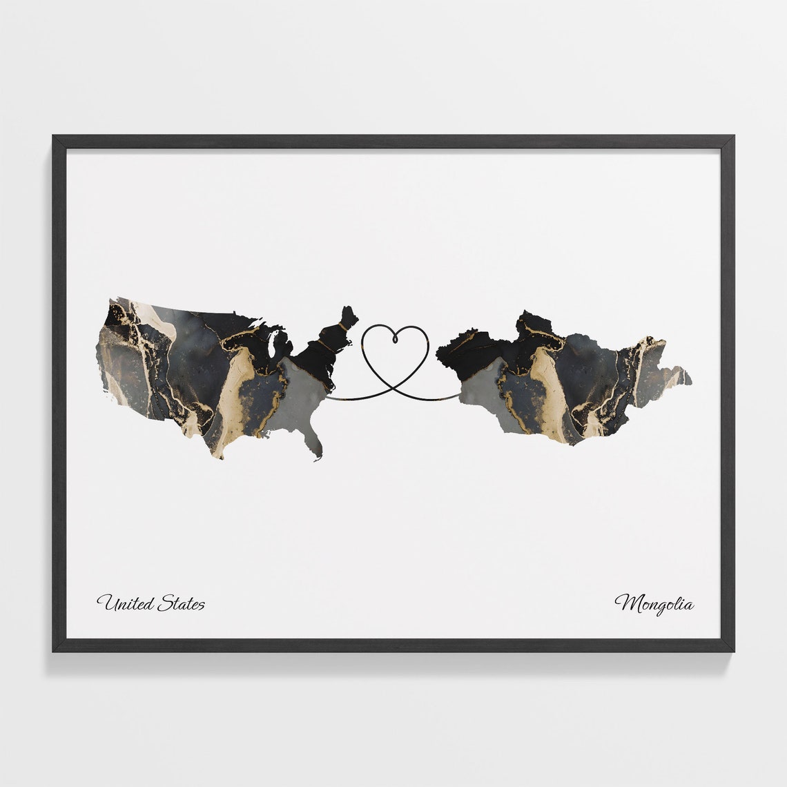 United States Mongolia Love Heart Marble Map Long Distance Poster