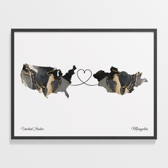 United States Mongolia Love Heart Marble Map Long Distance Poster