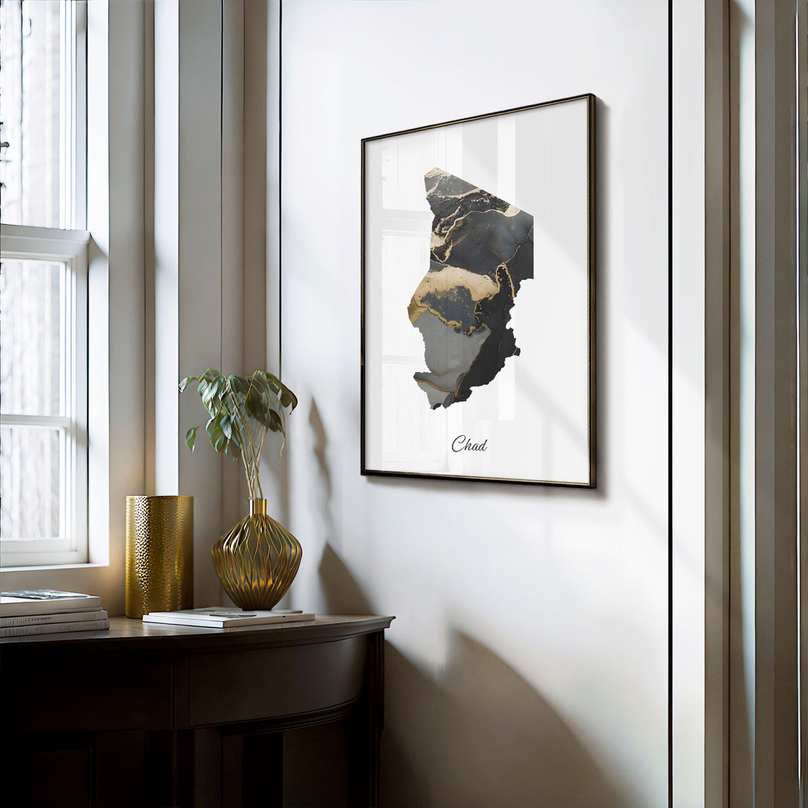 Chad Black and Gold Marble Silhouette Country Map Art Poster - Image 3