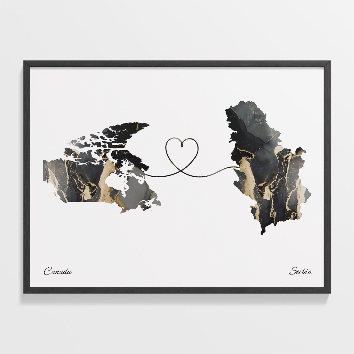 Canada and Serbia Long Distance Black Marble Heart Connection Map Poster